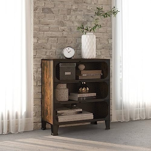 PUGYNBK Armoire de rangement en métal MDF marron 72 x 36 x 82 cm | 2 étagères, portes en maille, design industriel urbain, nettoyage facile avec un chiffon humide