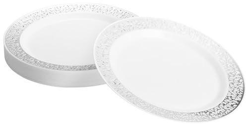 MATANA 20 Premium Weiße Dessertteller aus Plastik mit Silberrand, 19 cm - Elegant, Stabil & Mehrweg - Kleine Teller für Hochzeiten, Geburtstage, Taufen, Grillabende, Weihnachten, Partys