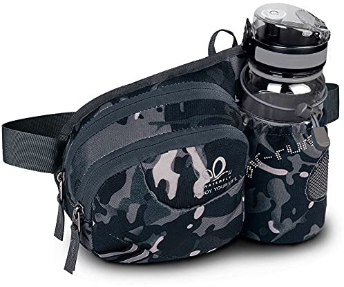 WATERFLY Taille Tasche mit Flaschenhalter Damen und Herren, Atmungsaktiv Hüfttasche mit Reflektorstreifen für Laufen Radfahren Camping Klettern Reisen (Tarnung Schwarz)