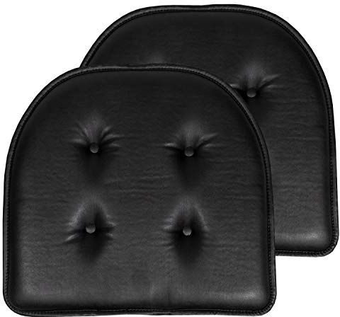 Sweet Home Collection Chair Cushion Memory Foam Pads Tufted Slip Non Skid Rubber Back U-Shaped 17 x 16 Seat Cover, 2 Count (Pack of 1), Faux Leather Black