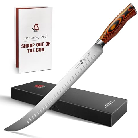 TUO Cimitar Butcher Knife, 14 Inch Butcher's Breaking Knife for Long Meat Slicing, Pro Curved Slicer Carver, Forged German Steel with Pakkawood Handle - Fiery Phoenix Series