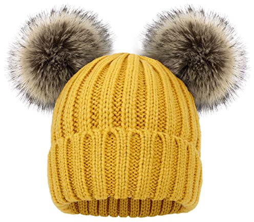 Simplicity Boys Girls Knitted Toddler Winter Hat With Pom Warm Beanie Plush Lined Cap Kids Elastic, Yellow