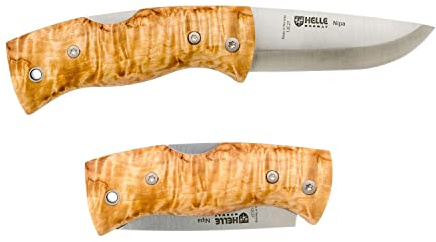 HELLE Knives - Nipa - Mid-Size Folding Knife - 2.72 Stainless Steel Blade with Hand-Sanded Curly Birch Handle - EDC Pocket Knife with Clip - Made in Norway