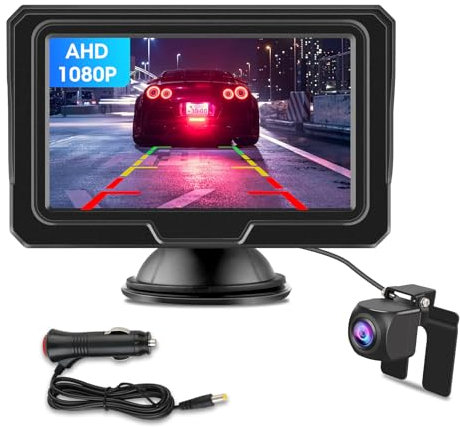 AHD 1080P 4.3 Pollici Telecamera Posteriore Auto con Monitor Nessuna Foratura Retrocamera Auto Facile Installazione Adatta Visione Notturna IP68 Impermeabile Telecamera Retromarcia per DC 12V Auto