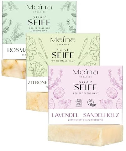 Meina Naturkosmetik - Bio Seifen Set, Naturseifen mit Zitronengras, Teebaum, Rosmarin, Lavendel und Sandelholz, Organic zertifiziert, Vegan, Nachhaltig, Handgemacht, 3 x 100g