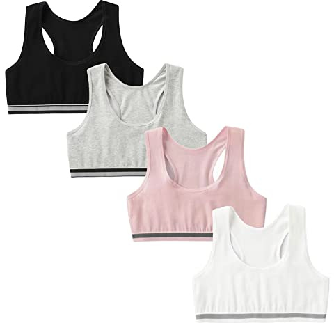 FedMois Sujetador de Niña Algodón Top Básico sin Almohadillas, Pack de 4, Gris, Blanco, Negro y Rosa, 10-12 años