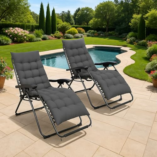 XEO HOME 2pcs Sun Lounger With Cushions Padded Reclining Zero Gravity Foldable Chair Portable Garden Furniture Camping Thick Comfortable Non-Slip Relaxer Indoor & Outdoor (Grey With Grey Cushions)