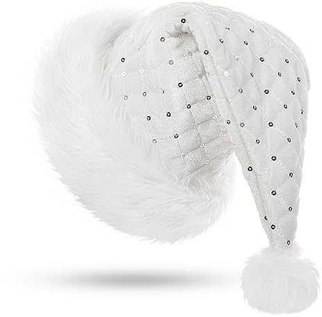 KONVINIT Gorro Papá Noel Blanco Gorro Navidad Lentejuelas Gorros de Navidad Adultos Sombreros de Santa Claus,Accesorios de Navidad para Regalos de Festividad