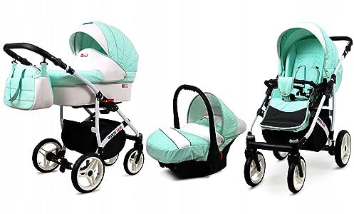 BabyLux® Bambimo Kinderwagen Set 3 in 1 - White Lux - incl. Babywanne, Buggy Sportsitz, Auto-Babyschale - Autositz - Kinderwagenset - Kombikinderwagen mit Wickeltasche, Regenschutz usw.