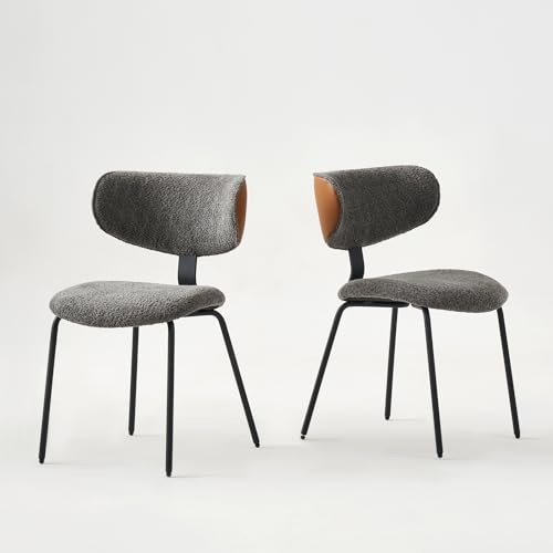 GrandNoor Modern Boucle Dining Chairs Set of 2,Faux Leather Kitchen & Dining Room Chairs,Curved Backrest Upholstered Dining Chairs with Metal Legs, Black