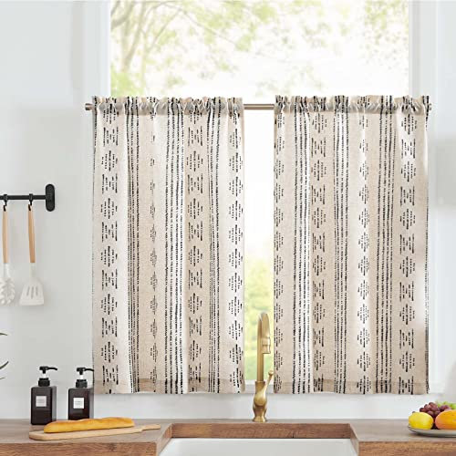 TOPICK Boho Linen Blend Kitchen Curtains 36 Inch Drop Small Cafe Curtains Light Filtering Tier Curtain for Bathroom RV Baset Sink Cupboard Rod Pocket Black on Beige 2 Panels