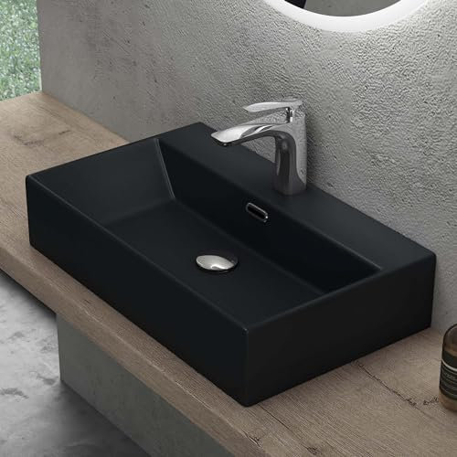 doporro Waschbecken keramik Aufsatzwaschbecken Hängewaschbecken Eckwaschbecken Waschtisch mit Nano-Bechichtung 60x36x13 cm Matt Schwarz
