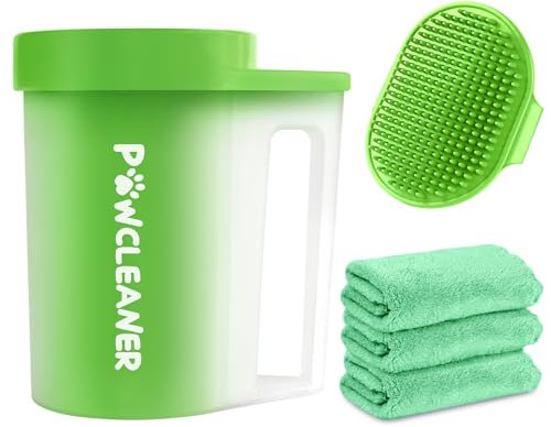 Pfotenreiniger mit Griff, saugfähigen Handtüchern & verstellbarer Badebürste für mittelgroße Hunde (Buddy Muddy Pet Foot Washer, Grün)