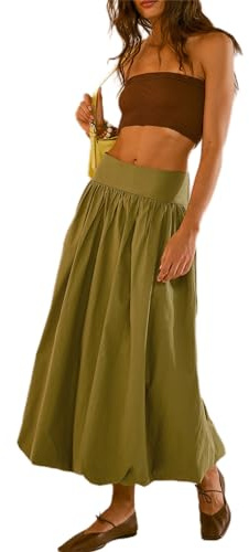 Women's Y2k Bubble Long Skirt Elastic Waist Aline Maxi Puff Skirt Ruffle Hem Summer Balloon Skirts Ruffle Pleated Midi Dress, Green, L