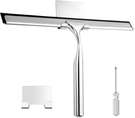 Shower Squeegee, 10-Inch Water-proof Stainless Steel Squeegee Windshield Cleaner Car Windscreen Cleaning Tool with Adhesive Square hook Suitable for Car Shower Glass Window Cleaning