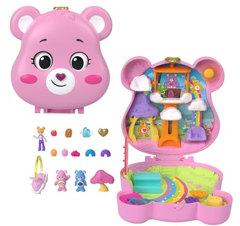 Polly Pocket x Glücksbärchi Puppen & Spielset mit Spielzeugauto und thematischen Accessoires, Reisespielzeug, Partnership-Schatulle, JCC14