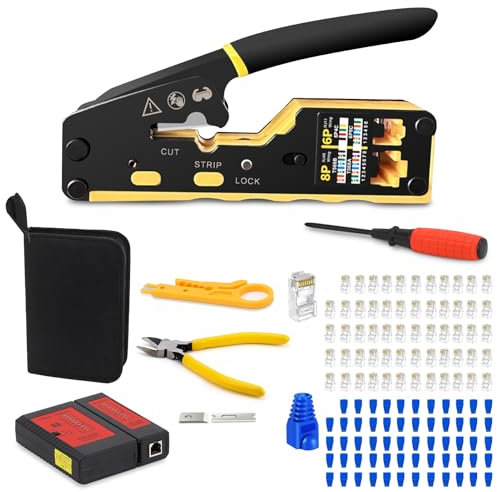 9 en 1 RJ45 - Crimpadora con comprobador de cables para CAT5e/CAT6/RJ11/RJ12|DIN EN certificado, cable de 0,4 – 0,9 mm², 60 conectores – Herramienta de red profesional
