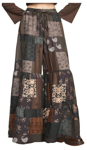Verdusa Women's Hippie Ruffle Flowy Wide Leg Pants Elastic Waist Vintage Loose Palazzo Pants Multicolor Medium
