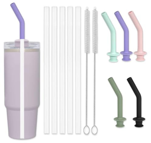 4 Pcs Press in Straw Replacement with Silicone Straw Tips for Hydro Flask Travel Tumbler 20/28/32/40 oz, 5 Clear Plastic Straws, 5 Silicone Straw Tips, 2 Straw Cleaning Brush