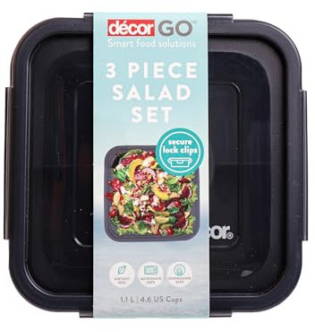 Décor Go Salad Set, BPA-Free, 3 Compartments divider tray and dressing pot included perfect for school and work lunches on the go. Dishwasher Safe, 1.4L, Navy