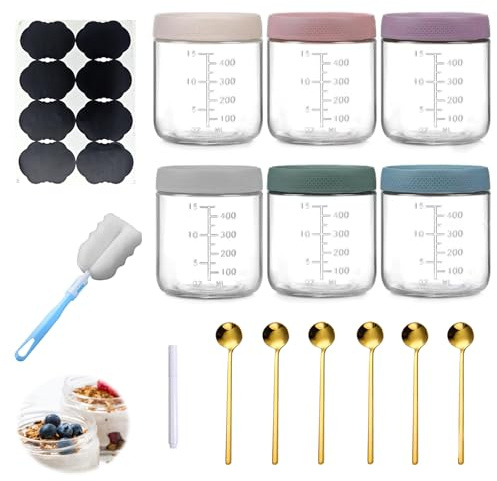 6 Piezas Tarros de Cristal con Tapa, 500 ML Tarros de Avena Nocturna, Tarros de Vidrio Reutilizables, Botes Cristal Cocina Almacenaje, con Escala Transparente, con 6 Cucharas, para Yogur, Caramelos