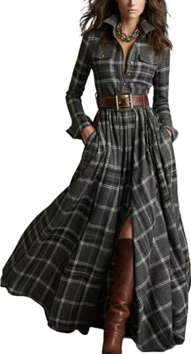 Di Yi Jia1 Robe Chemise Maxi à Carreaux Imprimée pour Femmes Robe Fluide à Col Boutonné à Manches Longues avec Ceinture XL
