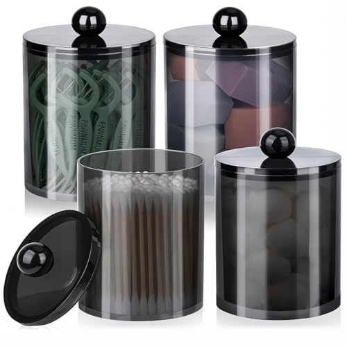 JNEYVIC 4 Pcs Organizadores de Baño Negros Translúcidos Botes de Almacenamiento de PS con Tapa para Bastoncillos, Discos Desmaquillantes, Algodón y Alfileres, Recipientes Organizadores para Tocador