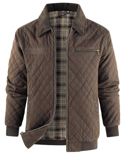 Tobysper Veste matelassée chaude pour homme - Veste réversible - Fermeture éclair - En coton - Coupe-vent - Veste d'extérieur épaisse - Veste bomber thermique - Veste de loisirs classique, marron, S