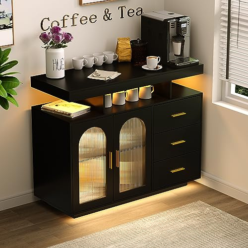 FREDEES Sideboard Buffet Cabinet with 3 Drawers and LED Lights, Black | Coffee Bar Table with Charging Station, Smart Human Sensor Design, 3 Drawers, Ample Storage, For Dining Room/Living Room