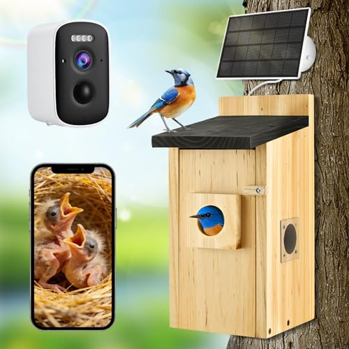 Smart Bird Box with 5MP WiFi Camera, Wireless 4K HD Birdhouse, Solar Powered Nest Box for Outdoor Garden with Night Vision, 2.4G WiFi & App Controlled, Video/Photo Recording & Motion Detection