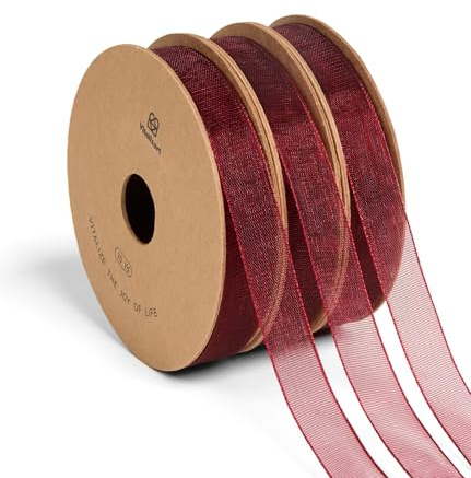 Vitalizart Cinta de Organza Burdeos 0,9 cm x 27,4 m 3 Rollos x 9,1 m | Cintas Finas Transparentes para Regalos, Manualidades, Lazos Navideños, Invitaciones de Boda y Ramos