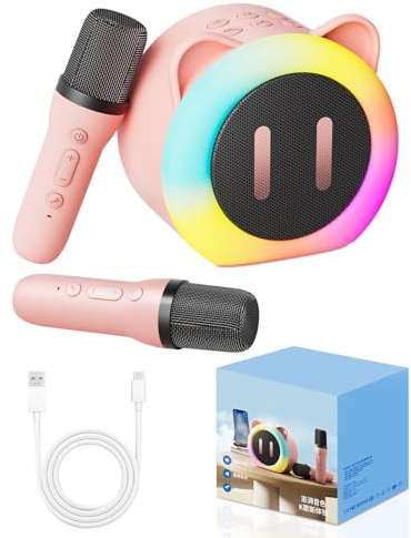 Kinder Karaoke Maschine mit 2 Bluetooth Mikrofonen, 5 Stimmverzerrer-Effekten, RGB Partylicht, Tragbare Mini Karaoke Box für ab 3 Jahren Kinder