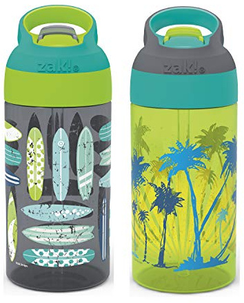 Zak Designs 16oz Riverside Beach Life Kids Water Bottle with Straw and Built in Carrying Loop Made of Durable Plastic, Leak-Proof Design for Travel, 2PK Set