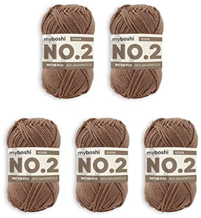 myboshi No.2 Baumwolle zum Häkeln, Baby Wolle, vegane Wolle zum Stricken, Wolle 60 Grad waschbar, für Baby und Amigurumi, 50g, Ll 100m Braun (Ocker), 5 Knäuel
