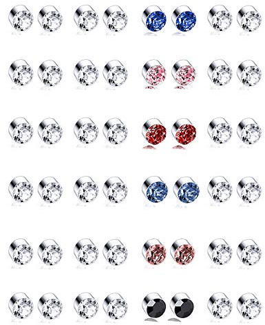 Tornito 24 Pairs Magnetic Stud Earrings Multi Color Cubic Zirconia Clip on Non Piercing Earrings Set for Women Men 4MM