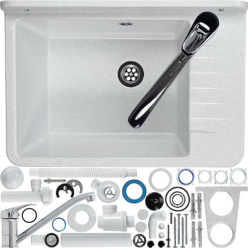 GOSPO Ausgussbecken aus Polypropylen, 50,4 x 34 x 26,5 cm, Spülbecken mit Siphon und Montageset, Waschbecken, Waschtrog, Haushaltsspülbecken (Weiß)