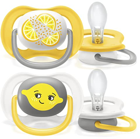 Chupetes ultra air de Philips Avent, 6-18 meses, anatómico y sin BPA, 2 uds., con funda de esterilización y transporte, SCF080/18, amarillo y naranja