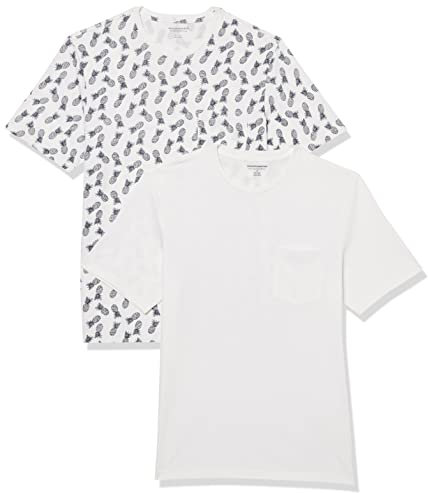 Amazon Essentials T-shirt à coupe ajustée, manches courtes et col roulé Homme, Lot de 2, Blanc/Imprimé Ananas, XL