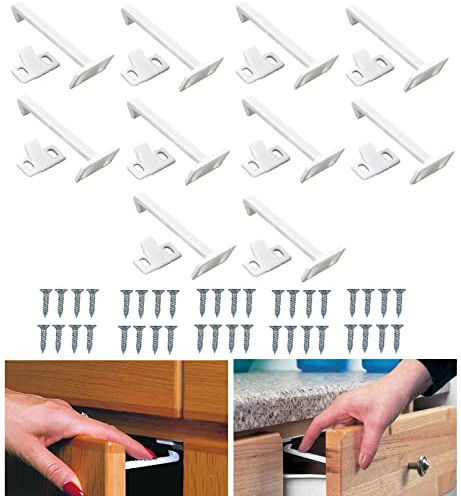 TERF® White Child Safety Catch Lock Cupboard Door Drawer Cabinet Kitchen Bathroom Baby Safety Catch Lock For Children including Fixing Screw - Pack of 10