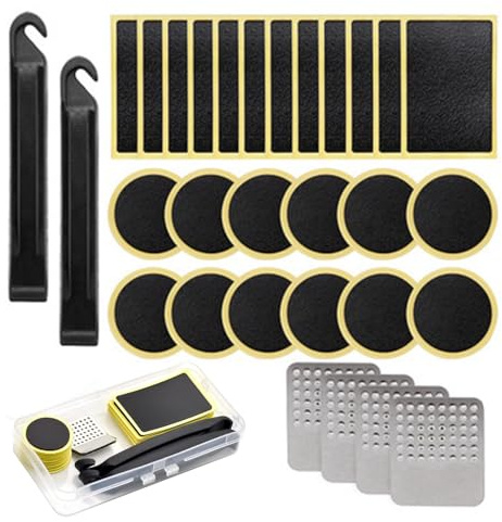 Skyzone 30 Pezzi Kit Riparazione Foratura Bici, Toppe per Riparazione Punture Autoadesive Biciclette Moto Pneumatici Senza Colla con Raspe in Metallo, Scatola Portaoggetti Portatile per Bici