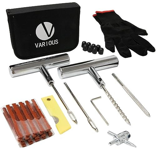 various Kit Repara Pinchazos De Neumáticos Kit de Reparación de Neumáticos Desinflados 37 Piezas Sin Cámara para Moto, Coche, Bicicletas, con Tapones de válvula para neumáticos