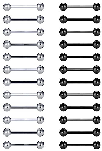 FECTAS 24 st tungpiercing set 14 G kirurgiskt stål piercing tunga tongue 12/14/16/18 mm silver svart, Rostfritt stål
