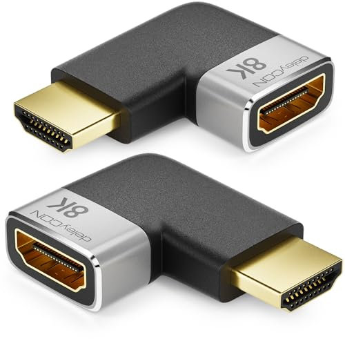 deleyCON 2 Stück HDMI Adapter Kupplung Verbinder 8K@60Hz / 4K@120Hz UHD Aluminium HDMI 2.1 ARC HDR10+ Dolby Vision VRR ALLM 48Gbps Rechts/Links Gewinkelt Grau Schwarz