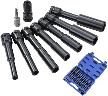 TOPWAY 1/2 Inch Drive Extra Deep Impact Socket Set 9 PCs Extra Long Thin Wall Metric 8-19mm Impact Sockets, Automotive Trucks Tractors Engines Repairing Garage Tool
