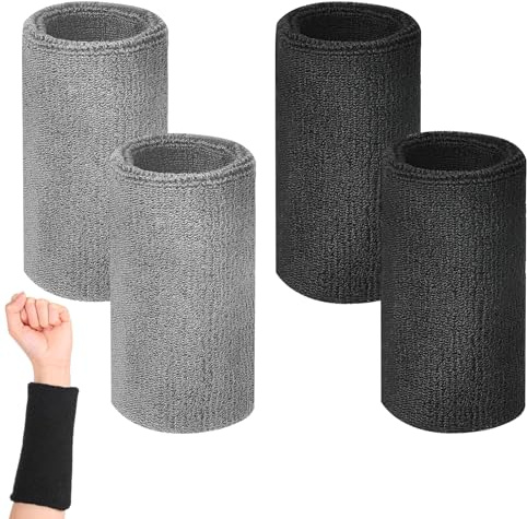 4 Pièces Longs Bracelets de Sport, Bandeau Poignet Sport Transpiration, Sport Serre Poignets, Bandeaux de Poignet 15 x 8 cm, pour Handball, Basket-Ball, Tennis, Gymnastique, 2 Noirs + 2 Gris