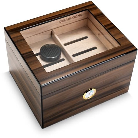 CIGARLOONG Humidor per sigari in legno di cedro, piastra in vetro, umidificatore con umidificatore e igrometro, regali per uomini (lunghezza per 75 sigari)