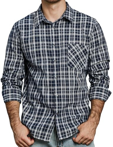 JOGAL Camicia da uomo a quadri, a maniche lunghe, vestibilità regular, camicia tradizionale con bottoni, in cotone, per il tempo libero, con tasca, Blu marino, XXL