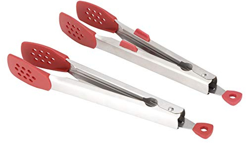 Food Tong, 2st Mat Tong, Steak Clip Tong Rostfritt Stål Steak Clip Silikon Sallad Grillstenciler Köksverktyg (Röd*2 (med konsol + utan konsol))