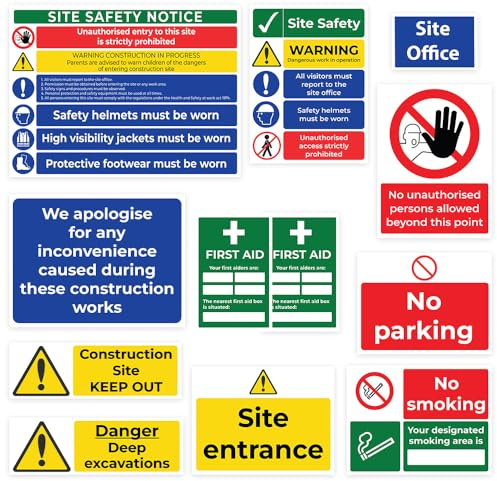RDLCAR Construction and Building Site Signs Pack of 12 Site Safety Sign Bundle Warning 600mm x 400mm Multi Hazard Safety Signs for Improved Workplace Safety