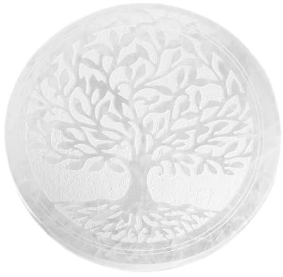 NKlaus Placa de selenita redonda de 15 cm con grabado del árbol de la vida, placa de carga espiritual para energizar gemas y meditación, símbolo del árbol de la vida, decoración esotérica 16599
